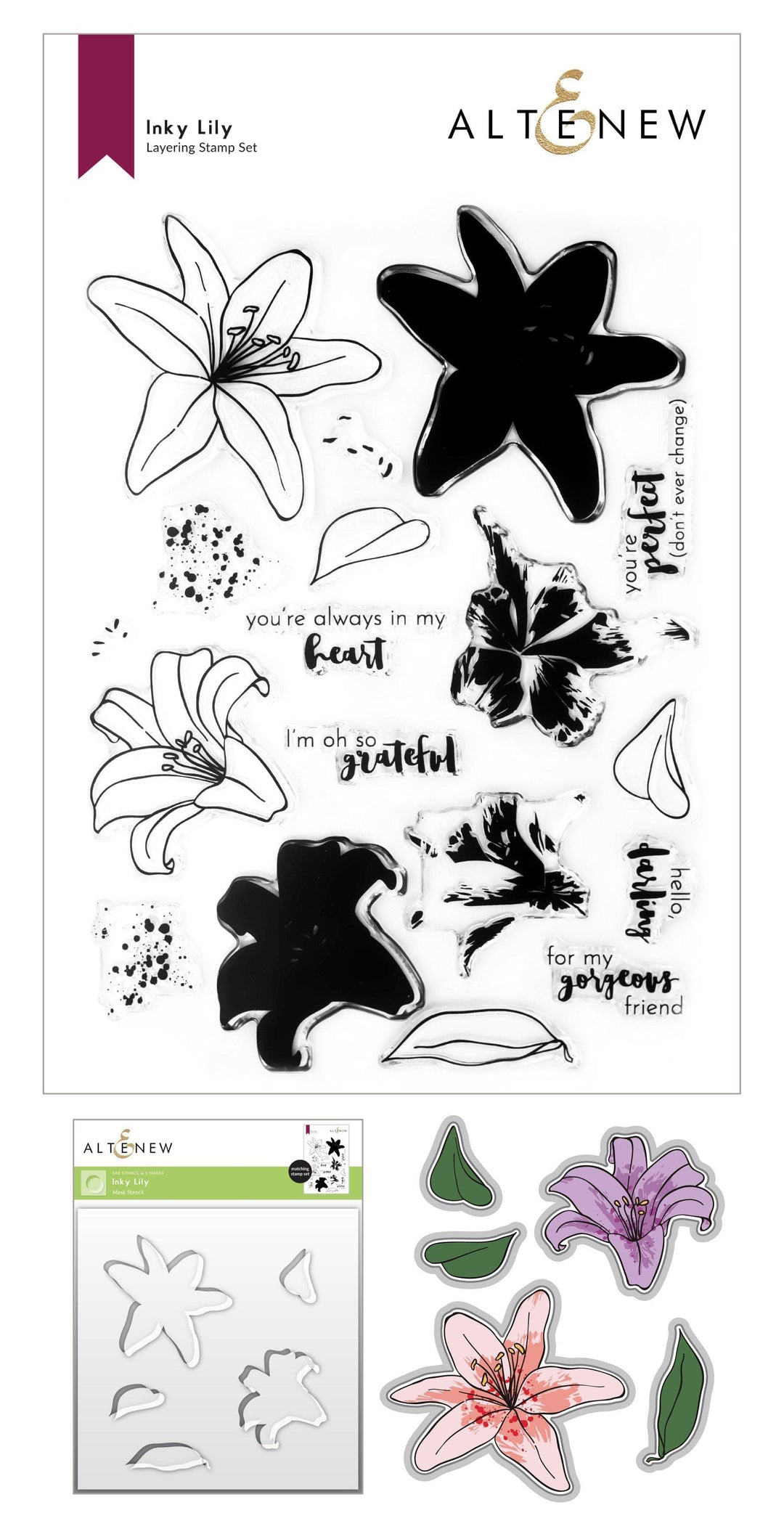 Altenew Stamp & Die & Stencil Bundle Inky Lily Stamp & Die & Coloring Stencil Bundle