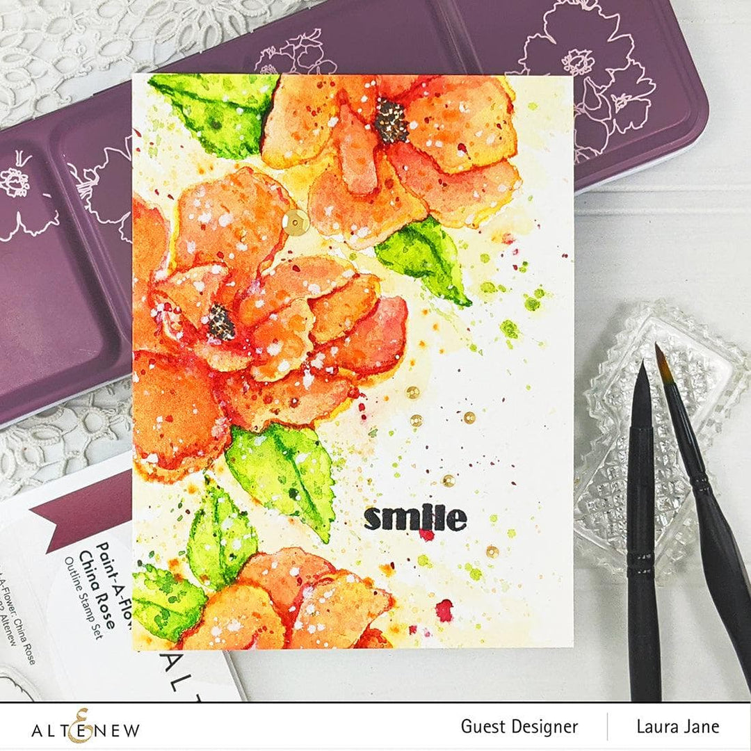 Altenew Stamp & Watercolor Bundle Paint-A-Flower: China Rose & Hawaiian Shores Brush & Fine Tip Pens Bundle