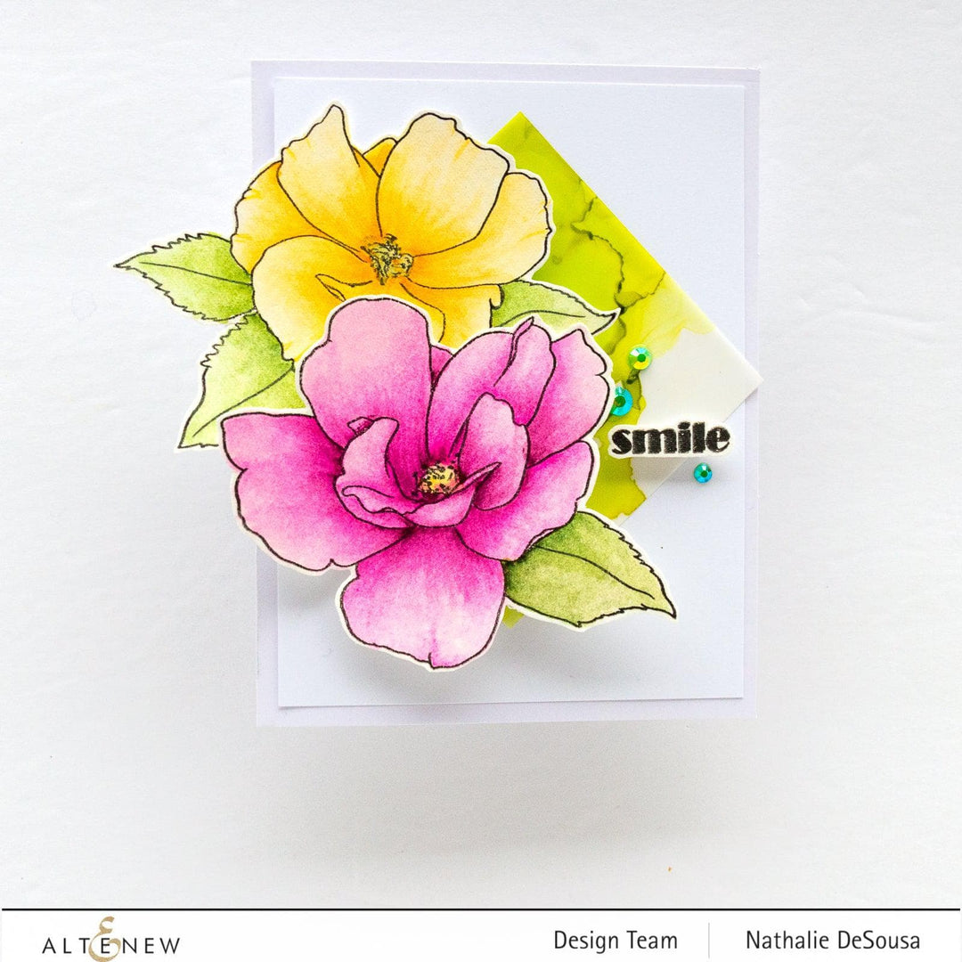 Altenew Stamp & Watercolor Bundle Paint-A-Flower: China Rose & Hawaiian Shores Brush & Fine Tip Pens Bundle