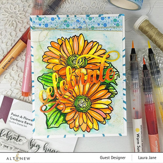 Altenew Stamp & Watercolor Bundle Paint-A-Flower: Gerbera Revolution & Hawaiian Shores Brush & Fine Tip Pens Bundle